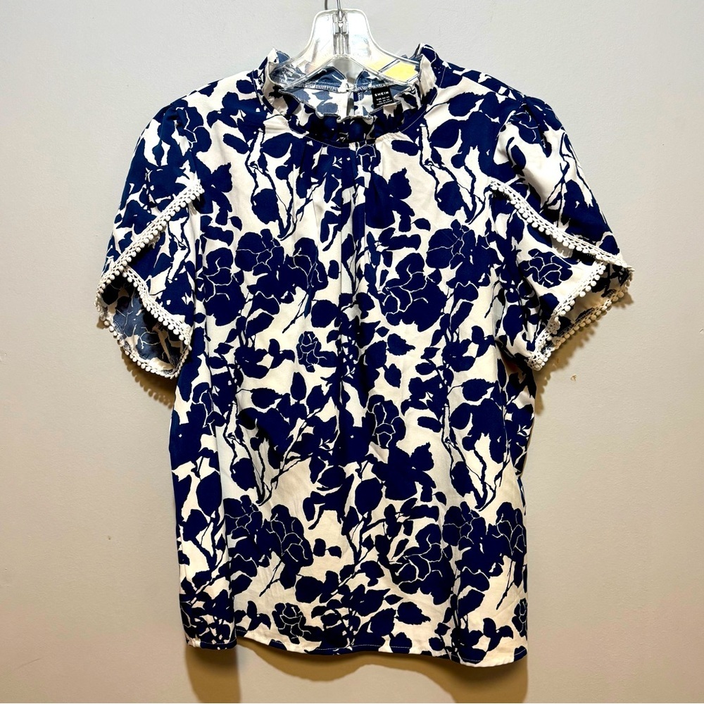 SHEIN Navy and‎ White Floral Button Down Shirt